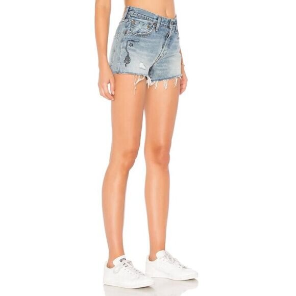 LEVI'S X x REVOLVE 501 Birthday Denim Short Sz 25 Studs Embroidered Detail - Picture 4 of 11